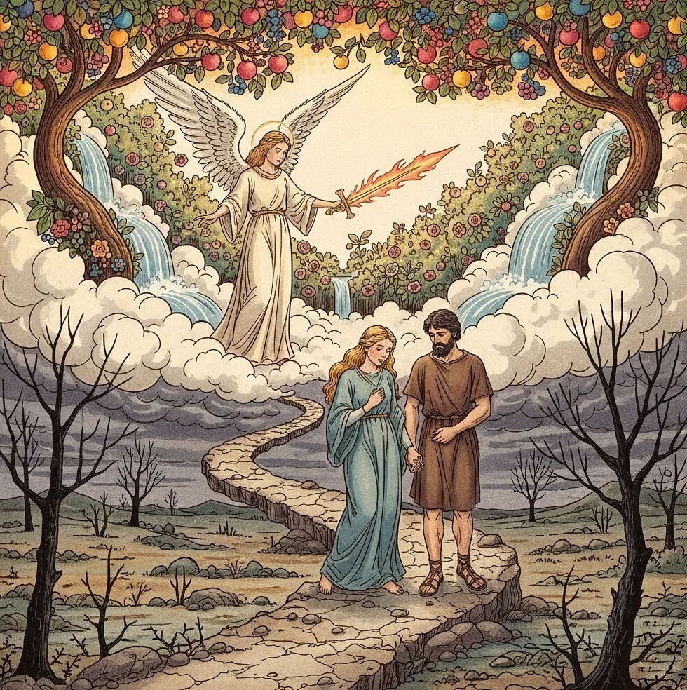 After Adam names the animals — the moods and feelings of the mind — Eve listens to one instead of ‘I AM,’ shattering the garden and casting consciousness into exile.