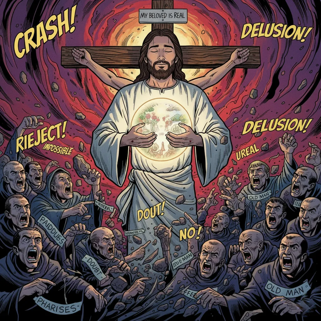 Jesus holding the beloved assumption upon the cross while hostile figures jeer and hurl abuse